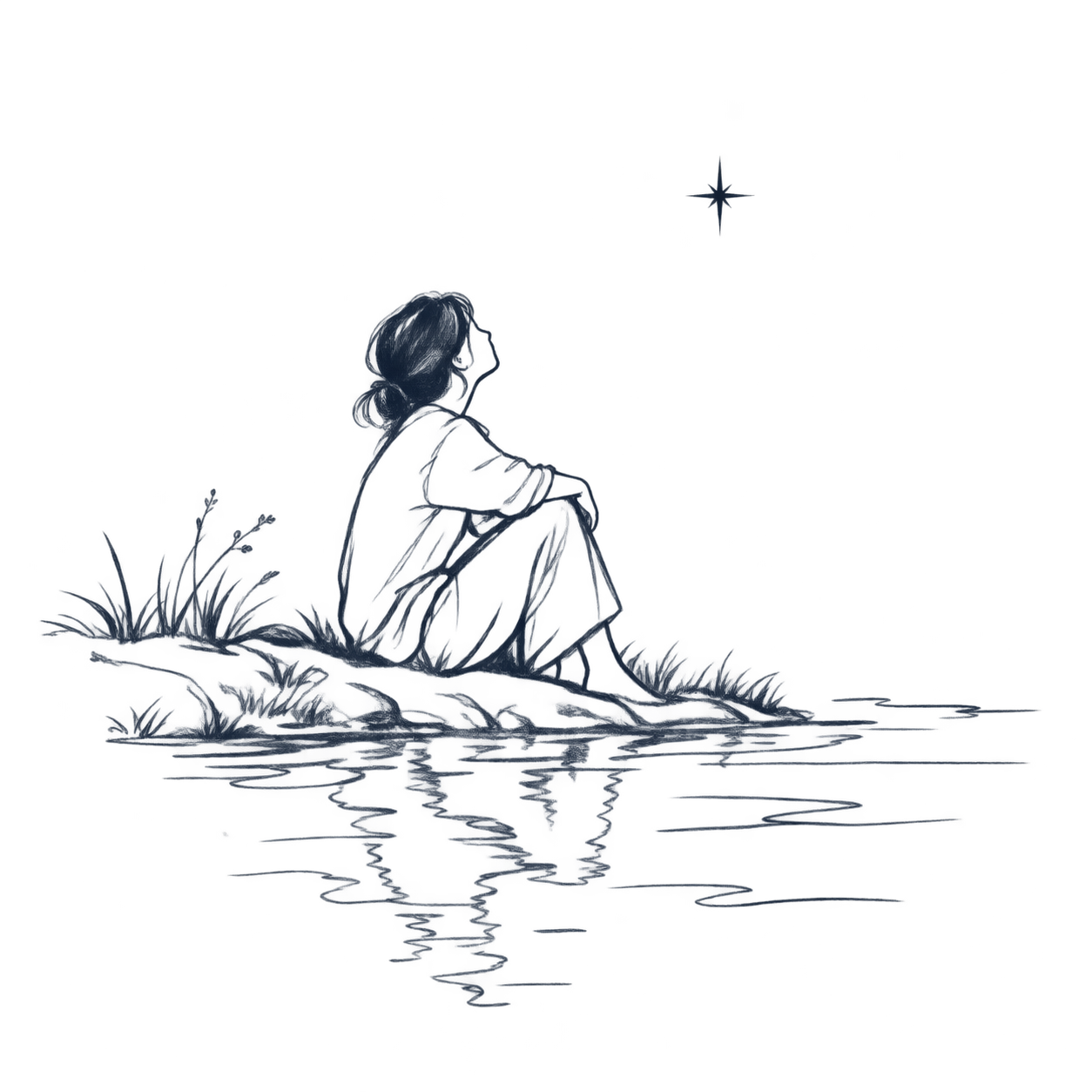 插画:坐在水边的人、星光与水面倒影。